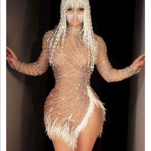 Nude & Silver Crystal Dress With Slit